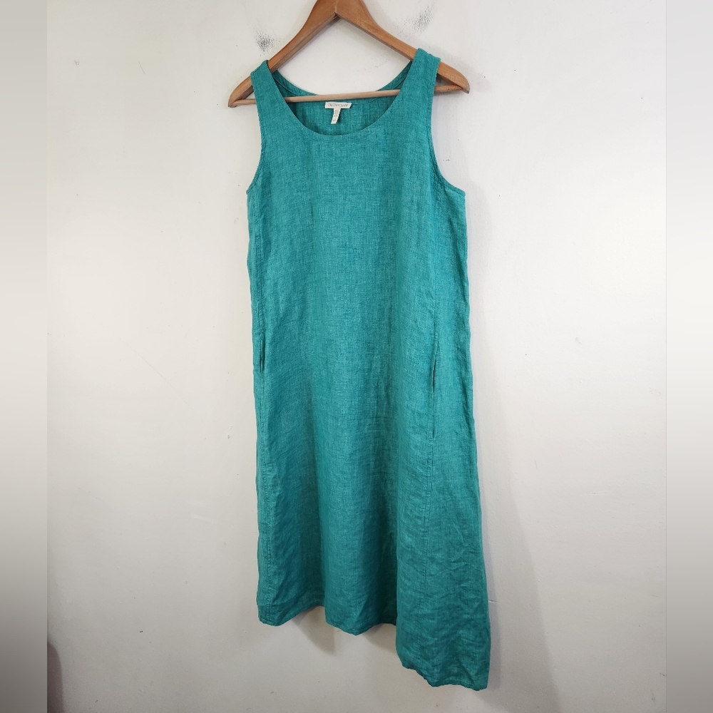 Eileen Fisher 100% linen green Midi Dress
